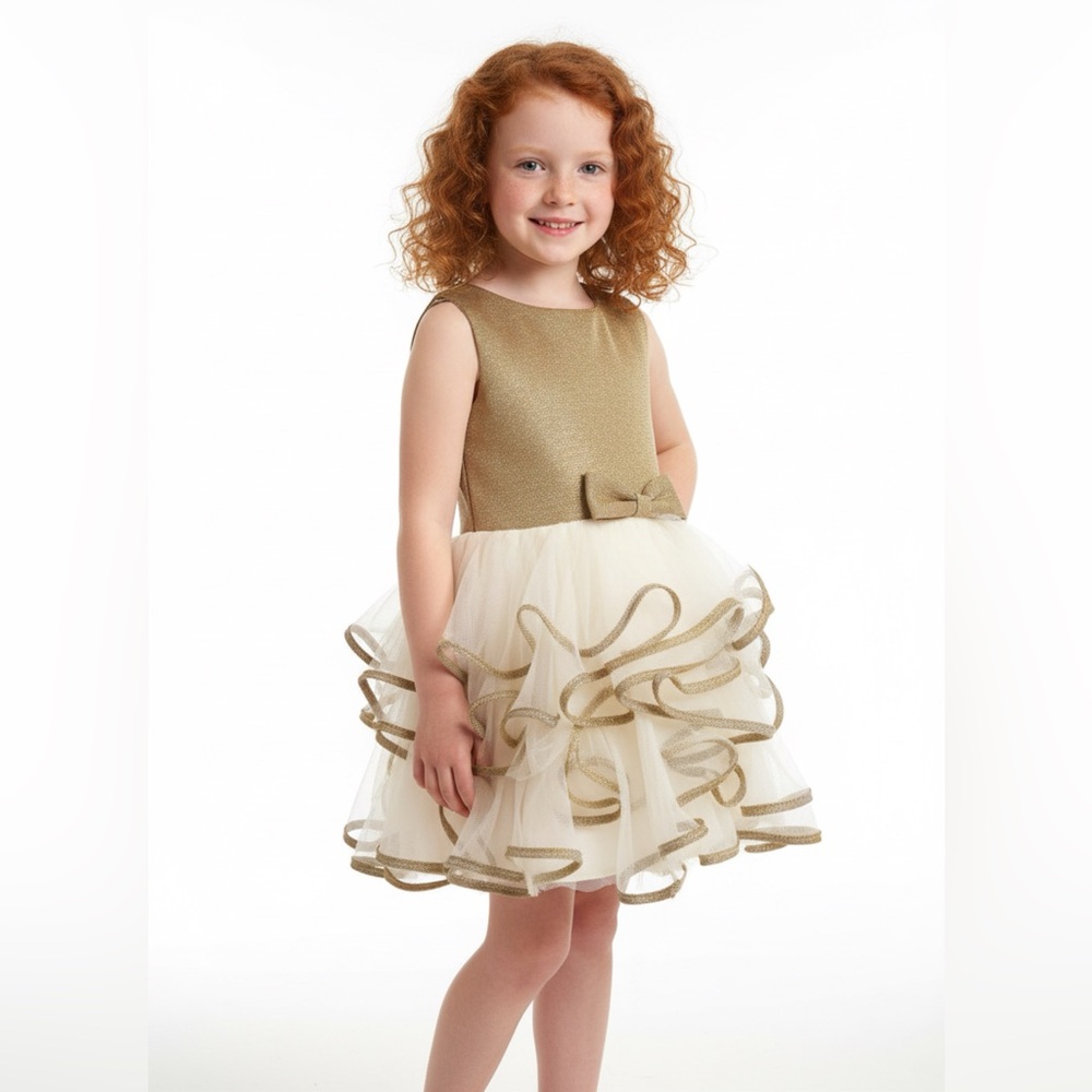 Biscotti Designer Girls Gold & Ivory Tulle Ruffles Bow Dress‎ NWT 4T 4